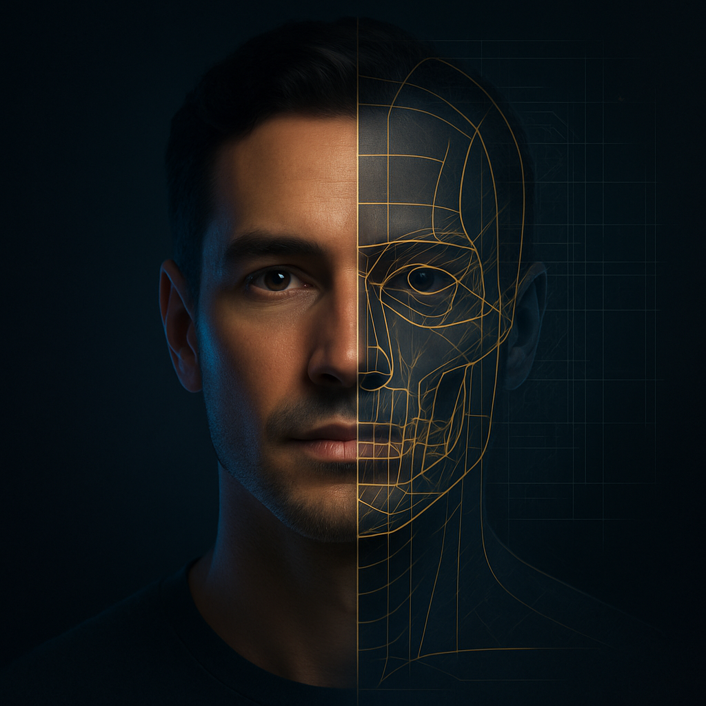Adult face with facial structure mapping overlay representing NUEVAIS facial reconstruction approach